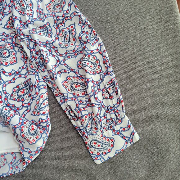 Talbots L Red White Blue Paisley Print Ruffle Long Sleeve Blouse 1533 - Picture 7 of 10